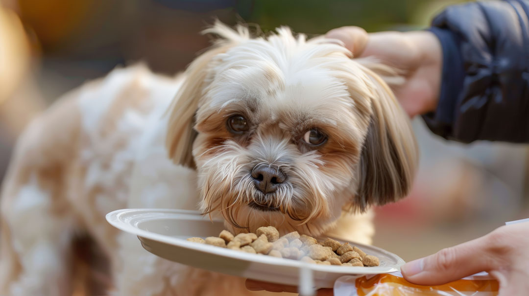 Small dog being fed from a plate by hand, demonstrating positive reinforcement techniques to prevent resource guarding - Goldstar Puppy Academy.