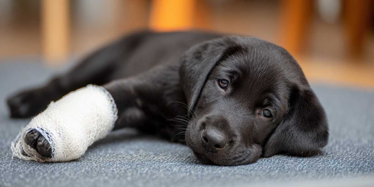 njured black Lab puppy resting on the floor with a wrapped paw after a daycare accident