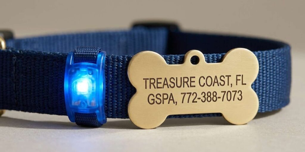 Close-up macro view of a blue nylon dog collar with a glowing blue LED clip light and a brass bone-shaped ID tag deeply engraved with Treasure Coast, FL contact details.