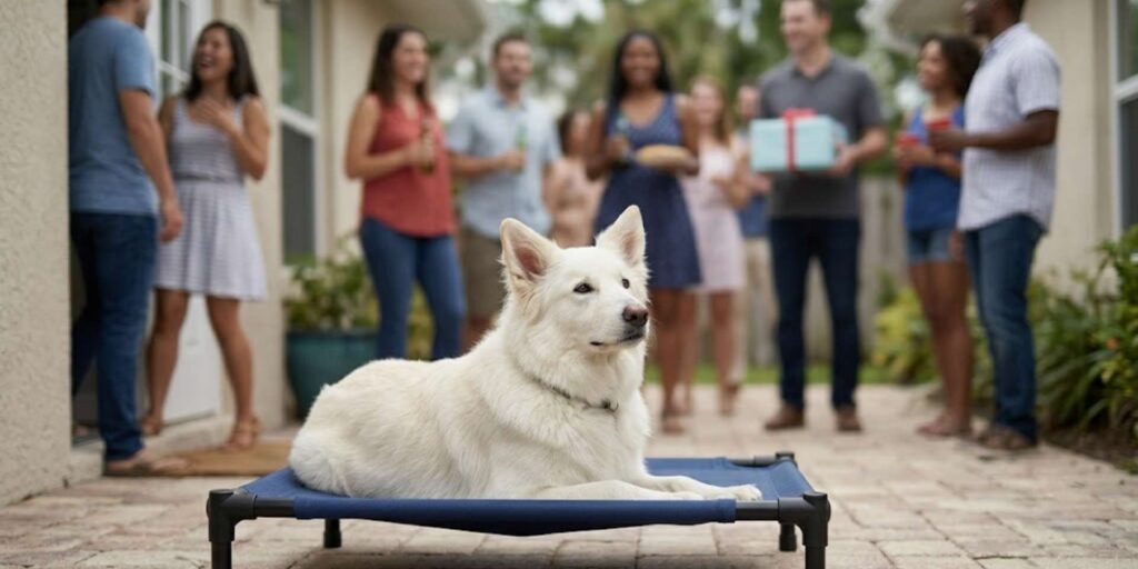 A disciplined white dog stays settled on its blue raised training mat in a backyard while diverse party guests mingle in the blurred background.