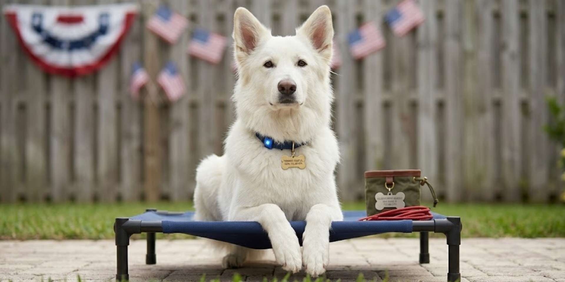 A well-behaved white dog wearing a collar with an ID tag sits calmly on a blue raised place cot in a backyard decorated with 4th of July bunting.