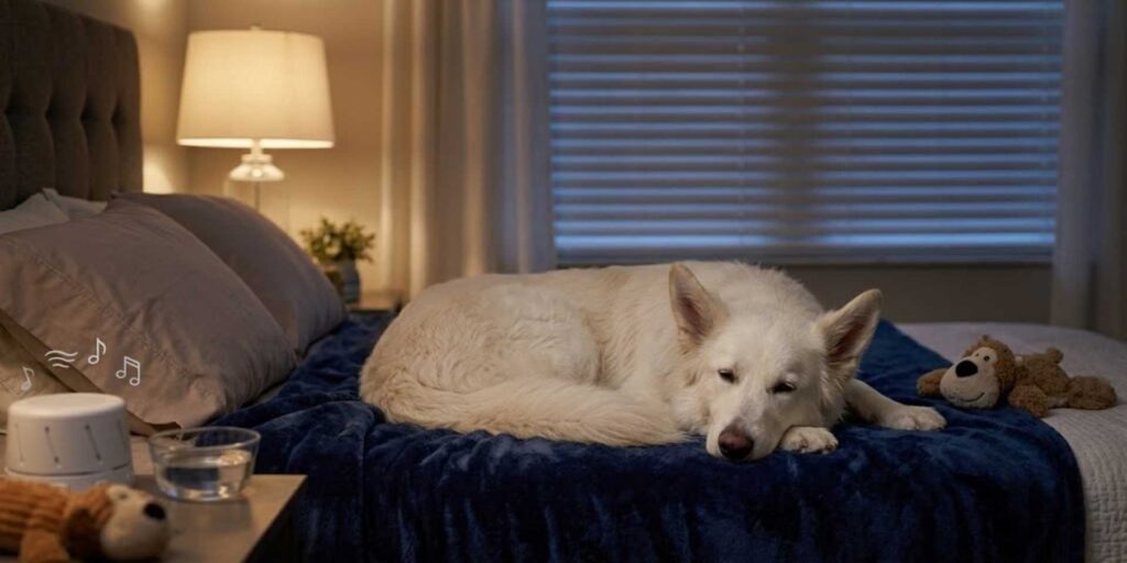 A calm white dog resting on a bed with a blue blanket in a quiet indoor retreat room with closed window blinds and a white noise machine.