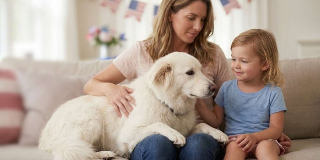 An adult woman and a young child sitting together on a living room couch, calmly interacting with and petting a fluffy white dog under careful supervision.